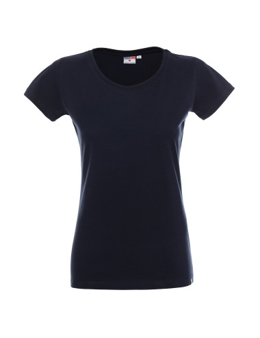 Promostars LADIES` PREMIUM Damen-T-Shirt, marineblaue Stickerei, Logo-Aufdruck