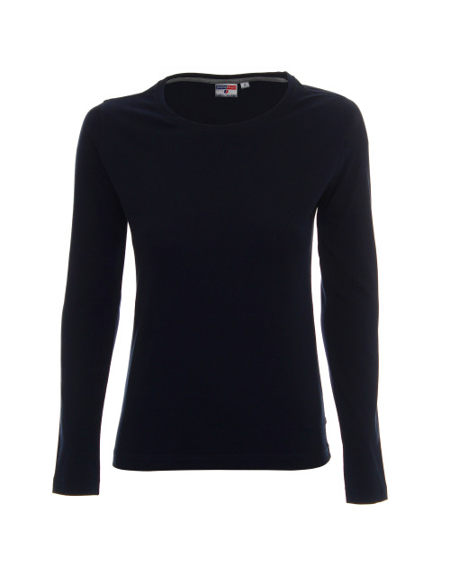 Promostars LADIES` VOYAGE Damen-T-Shirt, marineblauer Aufdruck, Logo-Stickerei