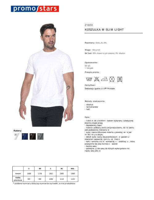 Promostars SLIM LIGHT Herren-T-Shirt, weiße Stickerei, Siebdruck, Firmenlogo