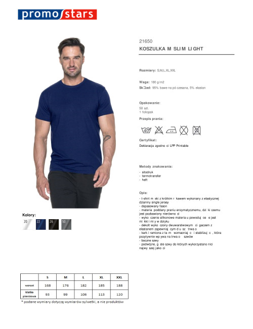 Promostars SLIM LIGHT Men`s T-SHIRT NAVY PRINT silkscreen embroidery