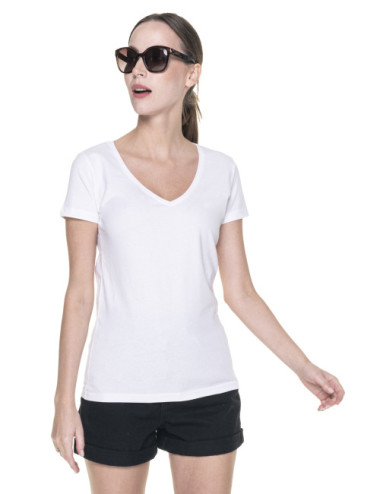 Damen-T-Shirt mit V-Ausschnitt, weiß, Promostars
