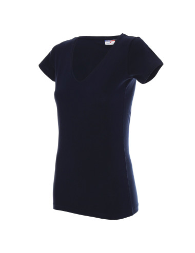 Promostars LADIES` V-AUSSCHNITT Damen-T-Shirt in Marineblau mit aufgesticktem Logo und Siebdruck