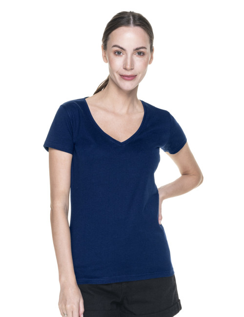 Promostars LADIES` V-AUSSCHNITT Damen-T-Shirt in Marineblau mit aufgesticktem Logo und Siebdruck