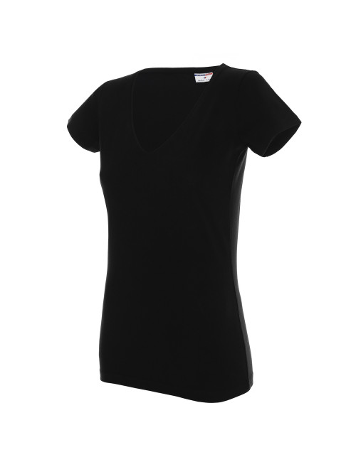 Promostars LADIES' V-NECK KOSZULKA Damska CZARNY nadruk DTG logo haft