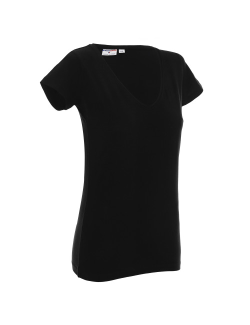 Promostars LADIES' V-NECK KOSZULKA Damska CZARNY nadruk DTG logo haft