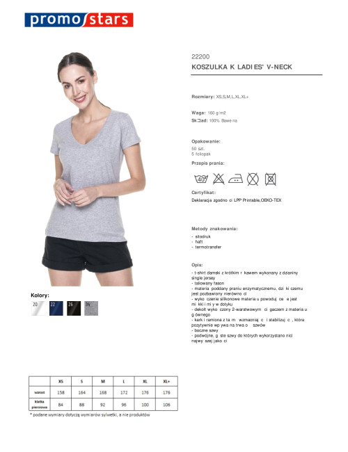 Promostars LADIES' V-NECK KOSZULKA Damska JASNY SZARY MELANŻ druk haft