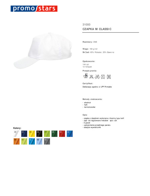 Promostars cap CLASSIC WHITE embroidery logo print