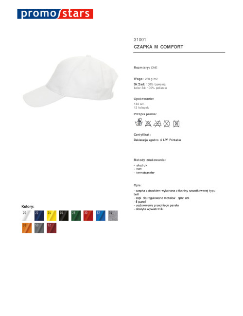 Promostars czapka z daszkiem COMFORT BIAŁY haft nadruk logo