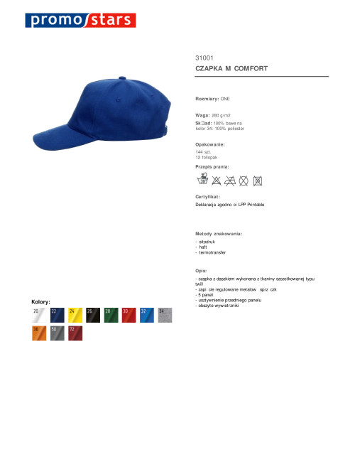 Promostars cap COMFORT CORNFLOWER under the logo embroidery print