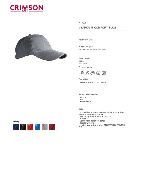 Baseballkappe im purpurroten Schnitt mit Aufdruck COMFORT PLUS LIGHT GREY MELANGE