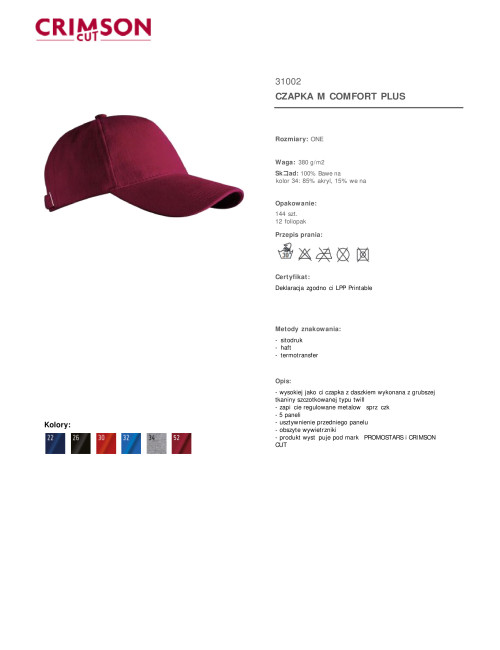 Crimson cut cap COMFORT PLUS CHESTNUT under embroidery, logo