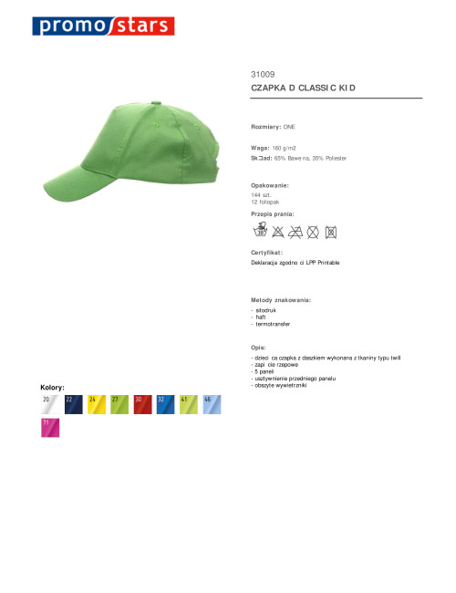 Promostars cap CLASSIC KID LIGHT GREEN with print