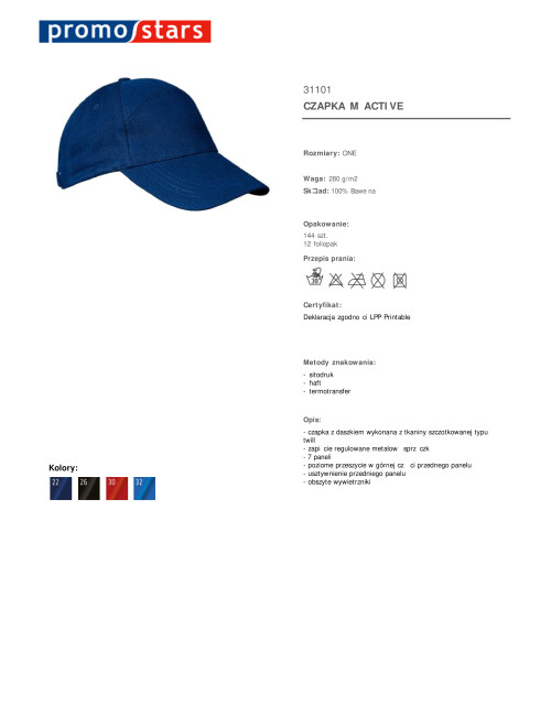 Promostars cap ACTIVE NAVY embroidery, print