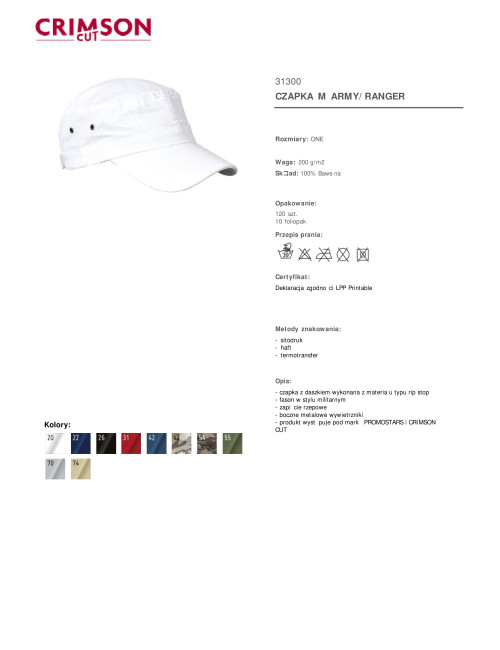 Crimson cut czapka z daszkiem ARMY/RANGER BIAŁY pod haft nadruk logo