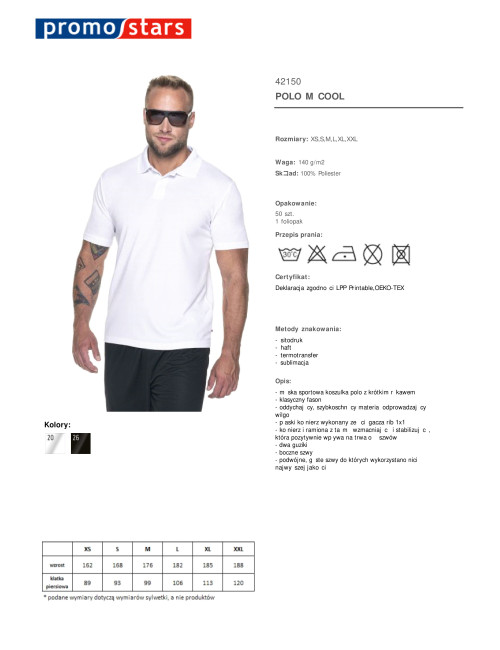 Promostars Men`s POLO COOL WHITE embroidery screen printing logo transfer