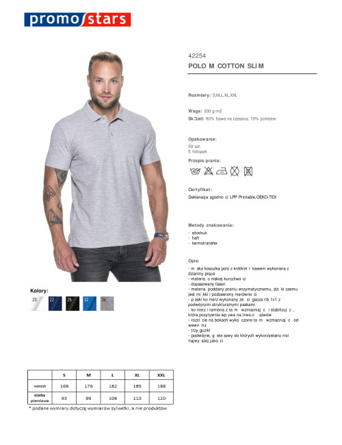 Promostars POLO Męska COTTON SLIM JASNY SZARY MELANŻ haft nadruk logo