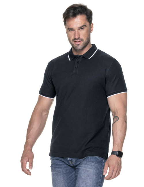 Promostars Men`s POLO LINE BLACK/WHITE embroidery screen printing logo DTG printing