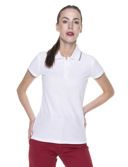 Promostars POLO Damen LADIES` LINE WEISS/HELLGRAU Siebdruck-Logo