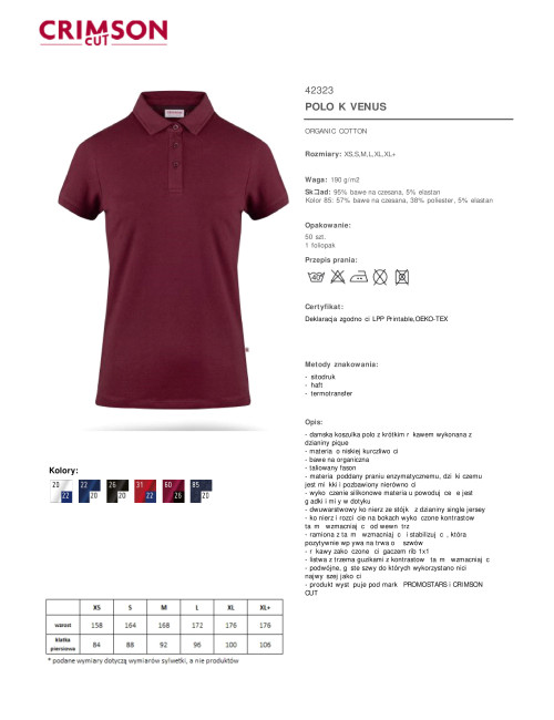 CRIMSON CUT POLO Damska VENUS CZERWONE WINO/CZARNY haft nadruk logo