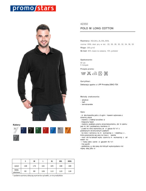 Promostars POLO Męska LONG COTTON CZARNY haft nadruk sitodruk logo