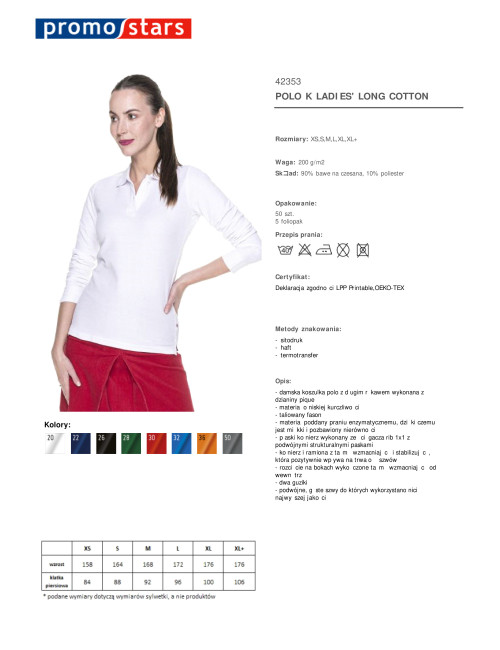 Promostars POLO Damska LADIES' LONG COTTON BIAŁY haft sitodruk logo