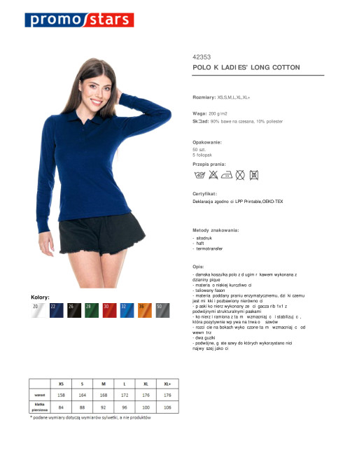 Promostars POLO Damska LADIES' LONG COTTON GRANATOWY haft nadruk logo