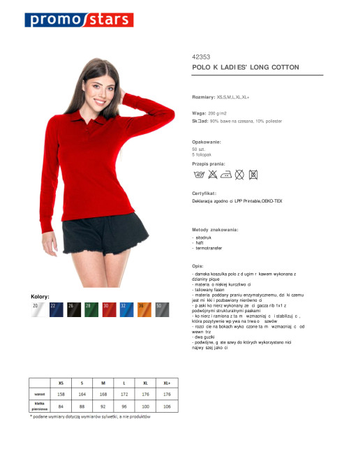 Promostars POLO LADIES` LONG COTTON RED für Damen mit Logoaufdruck und Stickerei