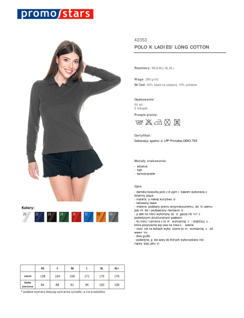 Promostars POLO Damen LADIES` LONG COTTON GREY Stickerei, Siebdruck