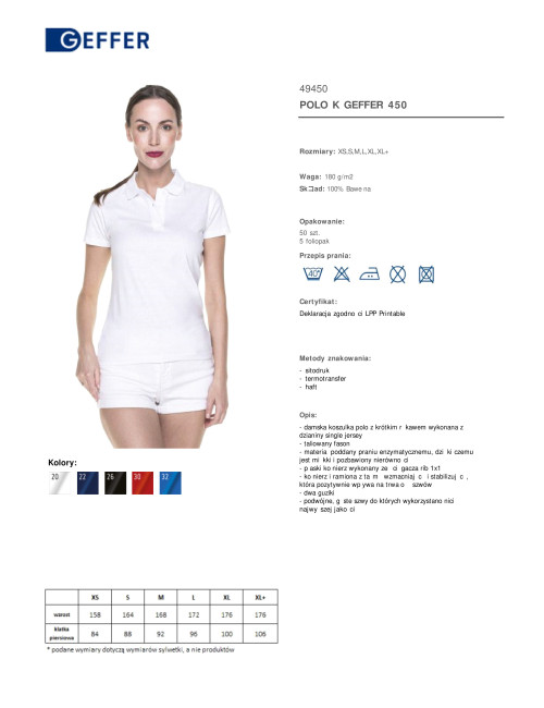 Geffer POLO Damska 450 BIAŁY z logo, haft, nadruk