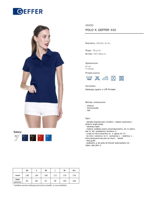 Geffer POLO Damen 450 NAVY BLUE zum Bedrucken, Logo, Sticken, Transferieren