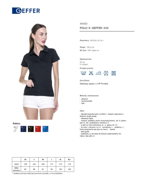 Geffer POLO Damska 450 CZARNY z nadruk, logo, haft