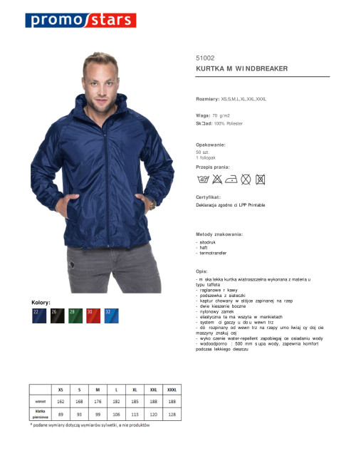 Promostars Herren WINDBREAKER JACKE, MARINEBLAU, Stickerei, Siebdruck