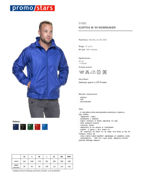 Promostars KURTKA Męska WINDBREAKER CHABROWY haft nadruk sitodruk logo