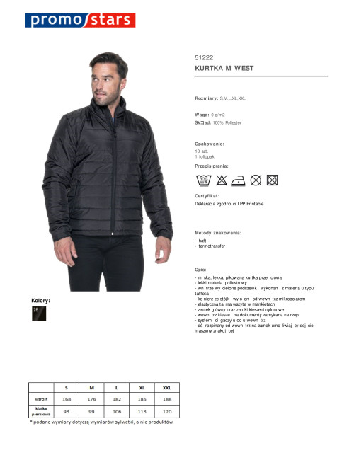 Promostars Men`s JACKET WEST BLACK DTG print silkscreen logo embroidery