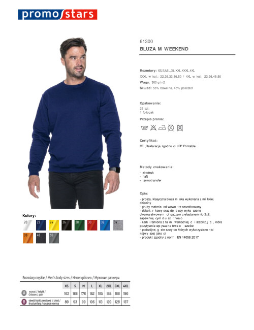 Promostars Herren SWEATSHIRT WEEKEND NAVY BLUE Stickerei Siebdruck Logo DTG-Druck