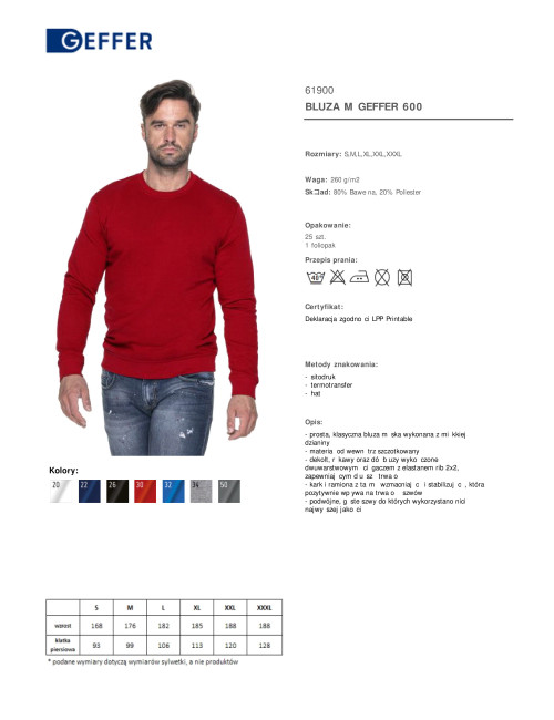 GEFFER BLUZA Męska 600 CZERWONY nadruk DTG haft sitodruk logo