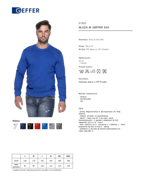 GEFFER BLUZA Męska 600 CHABROWY haft sitodruk logo nadruk DTG