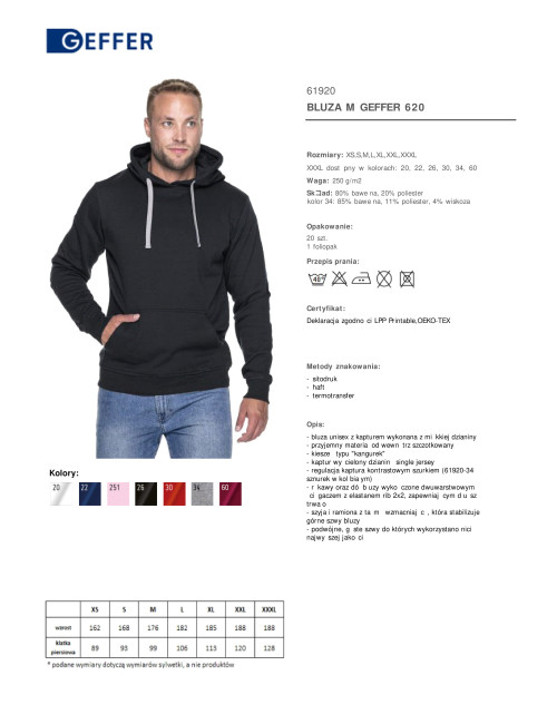 GEFFER BLUZA Męska 620 CZARNY nadruk haft sitodruk logo dla firm