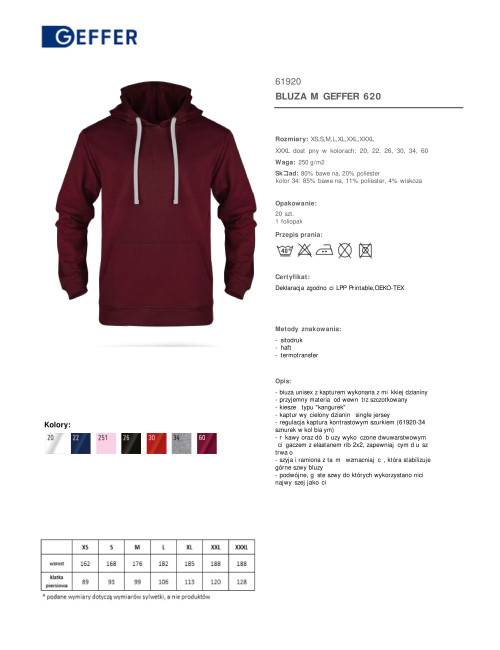 GEFFER BLUZA Męska 620 CZERWONE WINO haft sitodruk logo nadruk DTG