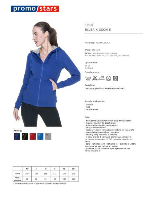 Promostars BLUZA Damskie COOKIE CHABROWY haft nadruk sitodruk logo