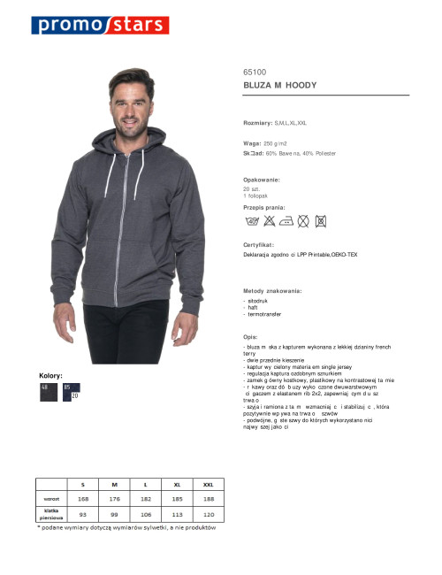 Promostars Herren SWEATSHIRT HOODY DARK GREY MELANGE Stickerei Siebdruck-Logo
