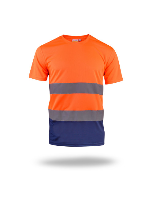 HERREN-T-SHIRT HI-VIS WARNING ORANGE/MARINEBLAU mit aufgesticktem Aufdruck