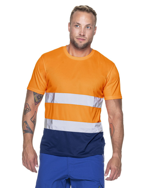 MEN`S T-SHIRT HI-VIS ORANGE WARNING/NAVY embroidery print