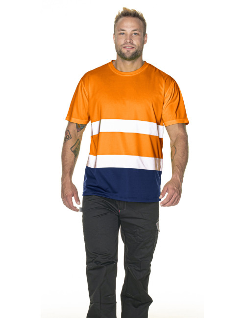 MEN`S T-SHIRT HI-VIS ORANGE WARNING/NAVY embroidery print