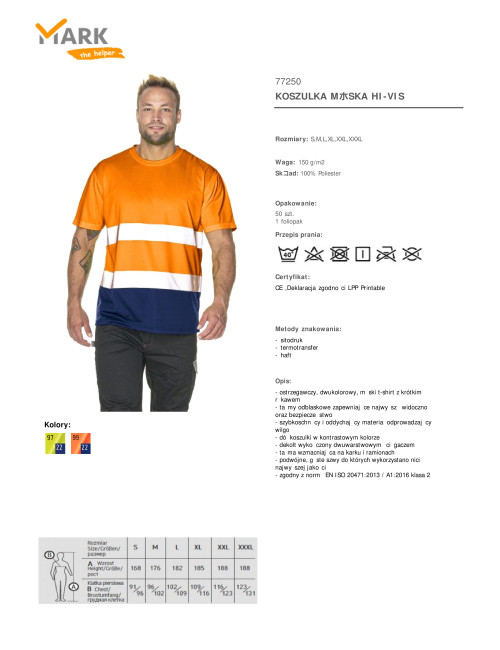MEN`S T-SHIRT HI-VIS ORANGE WARNING/NAVY embroidery print