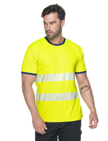 Herren-T-Shirt mit Warnschutz-Aufdruck, Warngelb/Marineblau. MARKIEREN Sie den Helfer