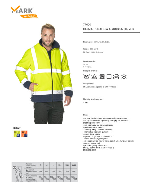 HERREN-FLEECE-SWEATSHIRT HI-VIS, WARNGELB/NAVY NAVY-Stickdruck