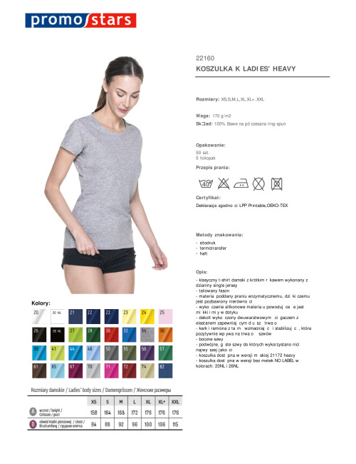 Promostars LADIES' HEAVY KOSZULKA Damska JASNY SZARY MELANŻ haft logo