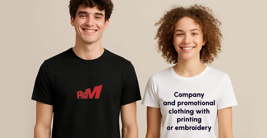 Company and promotional clothing with printing or embroidery
